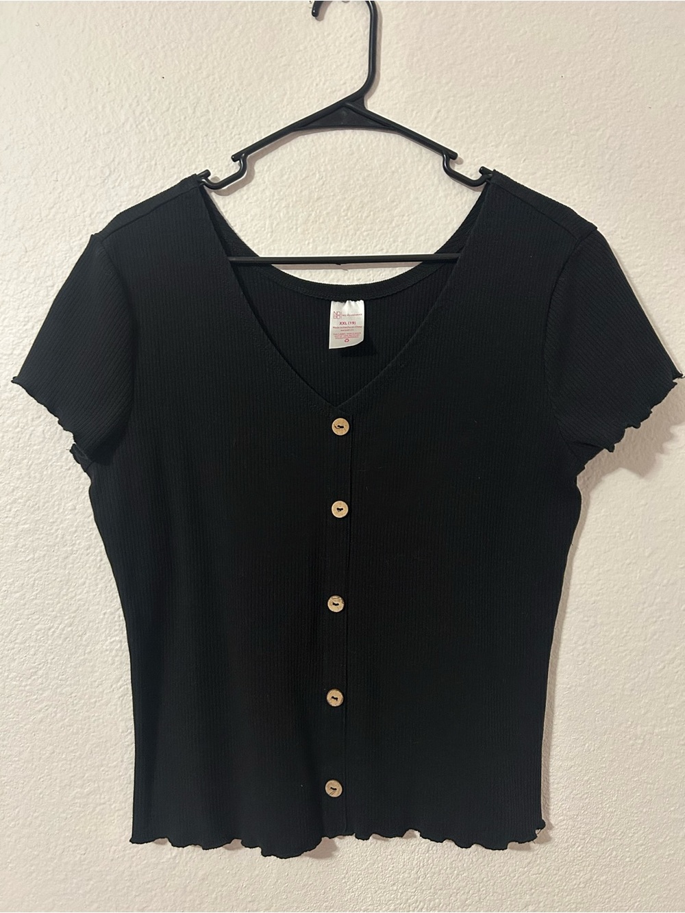 Black Button-Front Ribbed V-Neck Top by No Boundaries